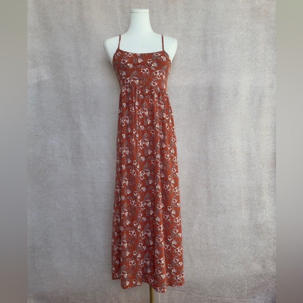 SO Rust Floral Maxi Dress Soft & Flowy Silhouette with Flattering Empire Waist